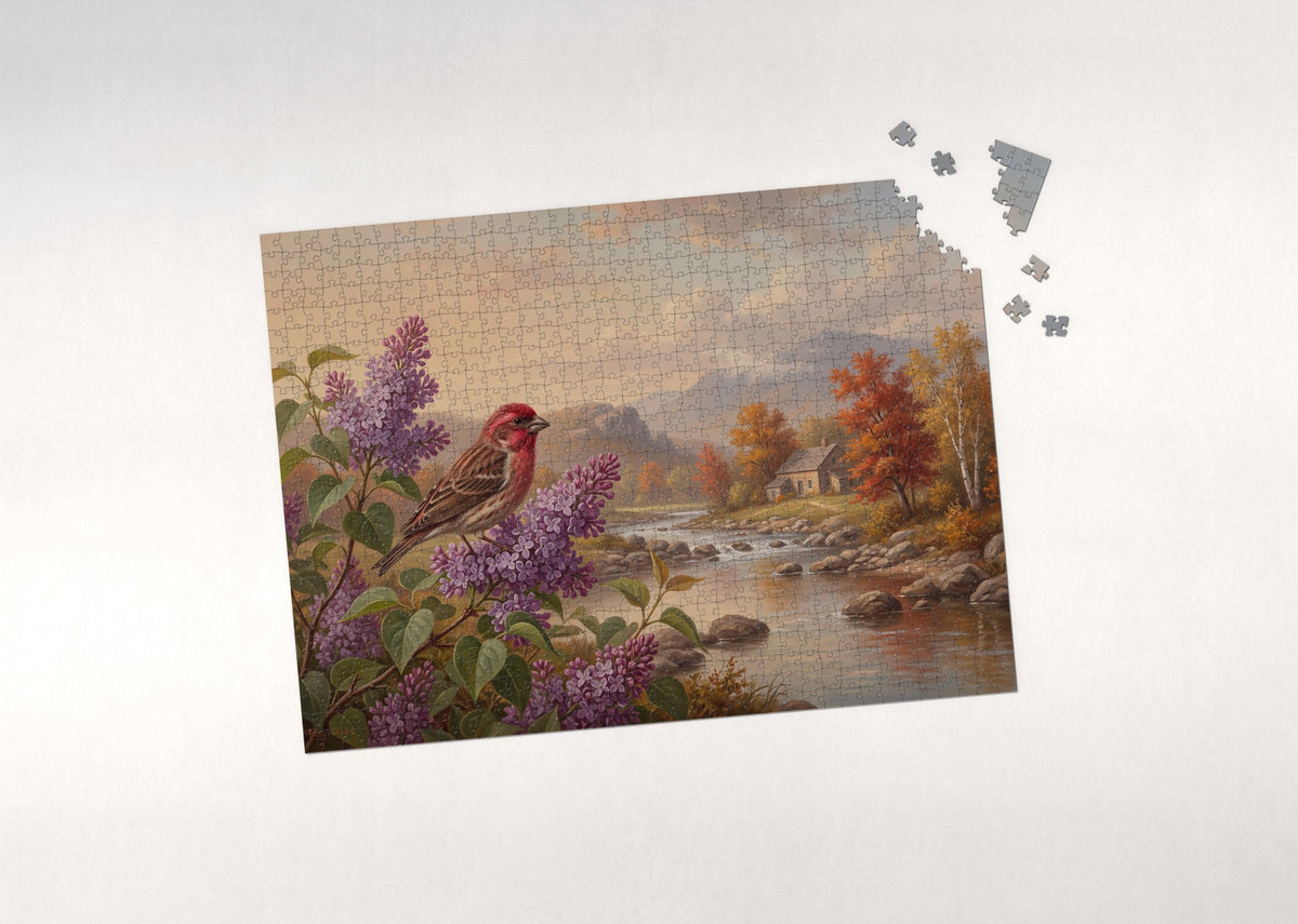 New Hampshire State Bird and Flower: Purple Finch and Purple Lilac jigsaw puzzle - puzzle with loose pieces