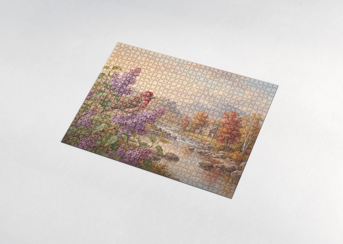 New Hampshire State Bird and Flower: Purple Finch and Purple Lilac jigsaw puzzle - assembled puzzle