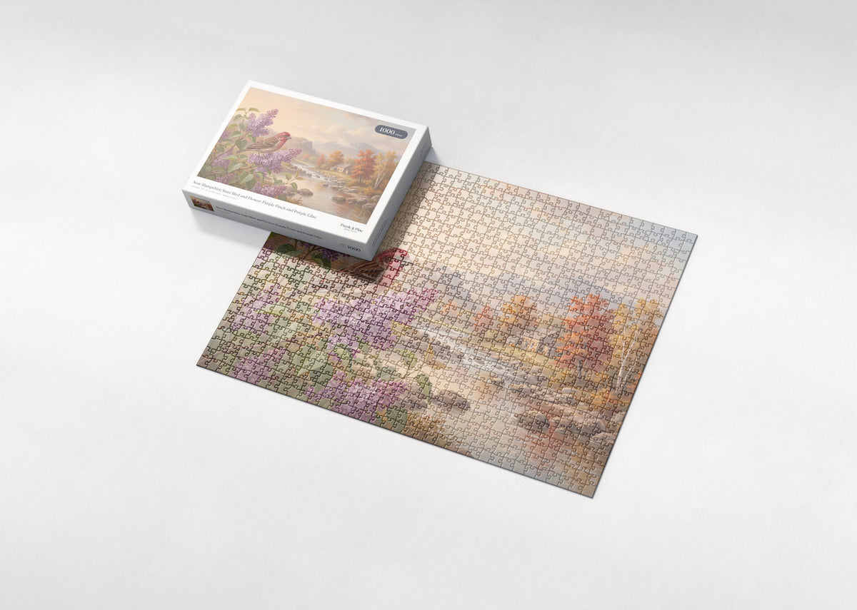 New Hampshire State Bird and Flower: Purple Finch and Purple Lilac jigsaw puzzle - box and puzzle
