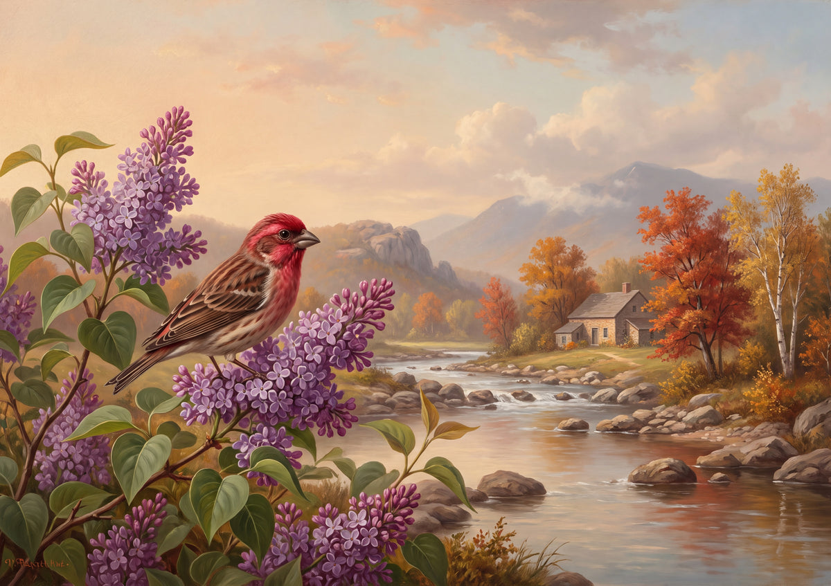 New Hampshire State Bird and Flower: Purple Finch and Purple Lilac jigsaw puzzle