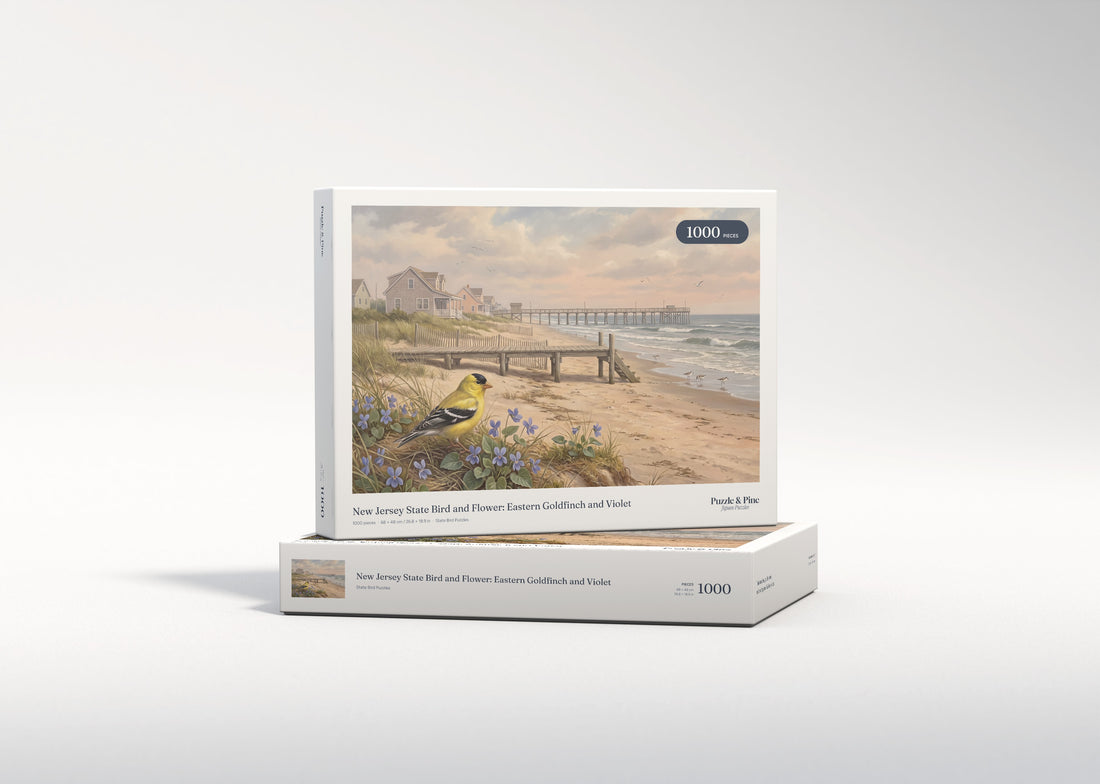New Jersey State Bird and Flower: Eastern Goldfinch and Violet jigsaw puzzle - gift box
