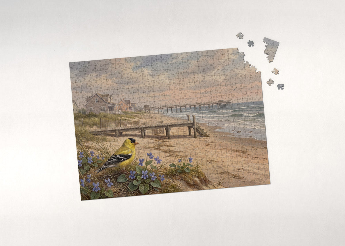 New Jersey State Bird and Flower: Eastern Goldfinch and Violet jigsaw puzzle - puzzle with loose pieces