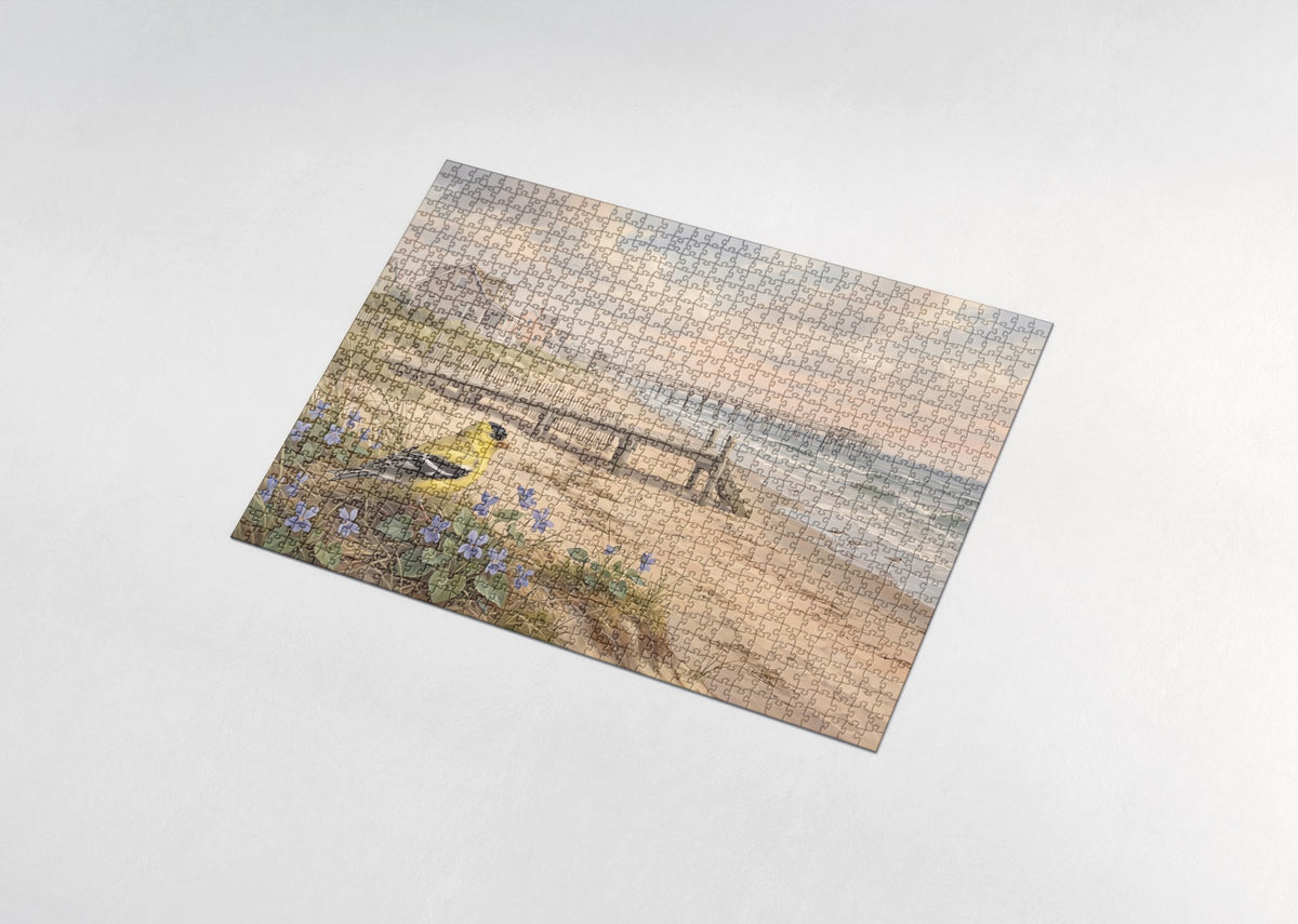 New Jersey State Bird and Flower: Eastern Goldfinch and Violet jigsaw puzzle - assembled puzzle