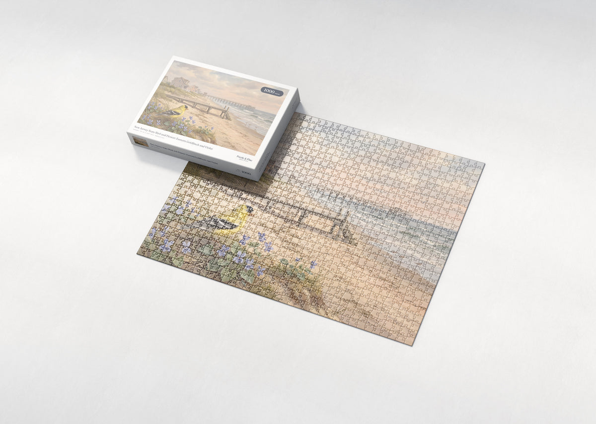 New Jersey State Bird and Flower: Eastern Goldfinch and Violet jigsaw puzzle - box and puzzle