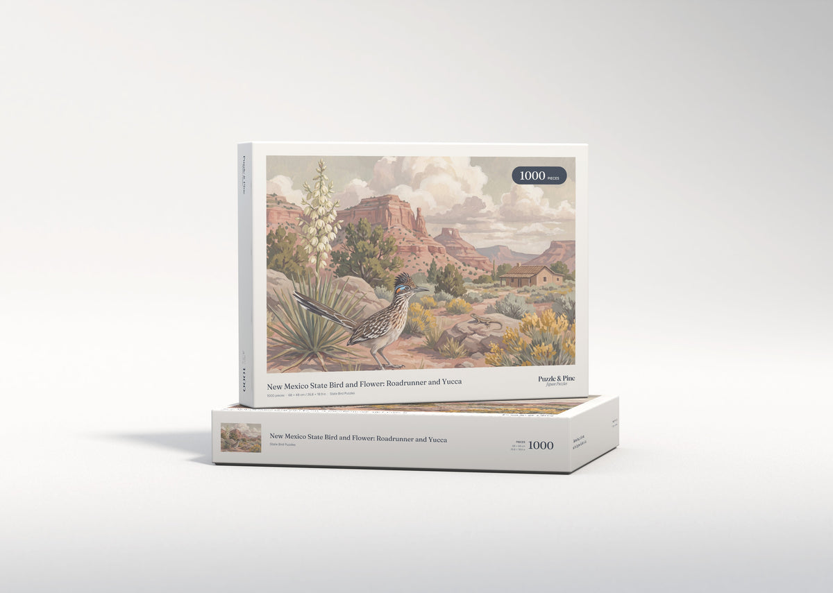 New Mexico State Bird and Flower: Roadrunner and Yucca jigsaw puzzle - gift box
