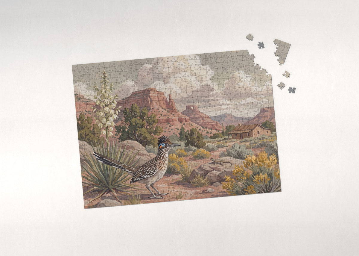 New Mexico State Bird and Flower: Roadrunner and Yucca jigsaw puzzle - puzzle with loose pieces