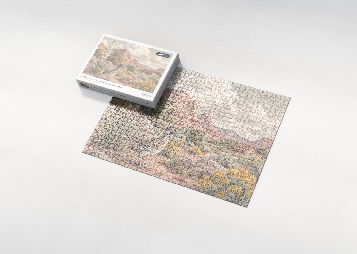 New Mexico State Bird and Flower: Roadrunner and Yucca jigsaw puzzle - box and puzzle