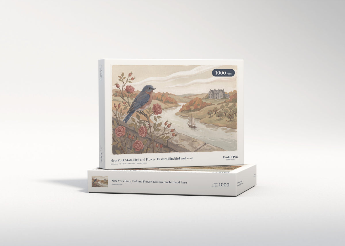 New York State Bird and Flower: Eastern Bluebird and Rose jigsaw puzzle - gift box