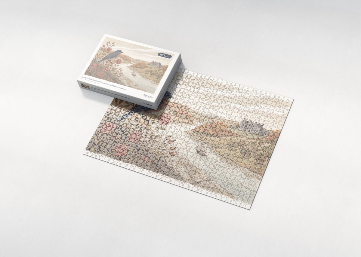 New York State Bird and Flower: Eastern Bluebird and Rose jigsaw puzzle - box and puzzle