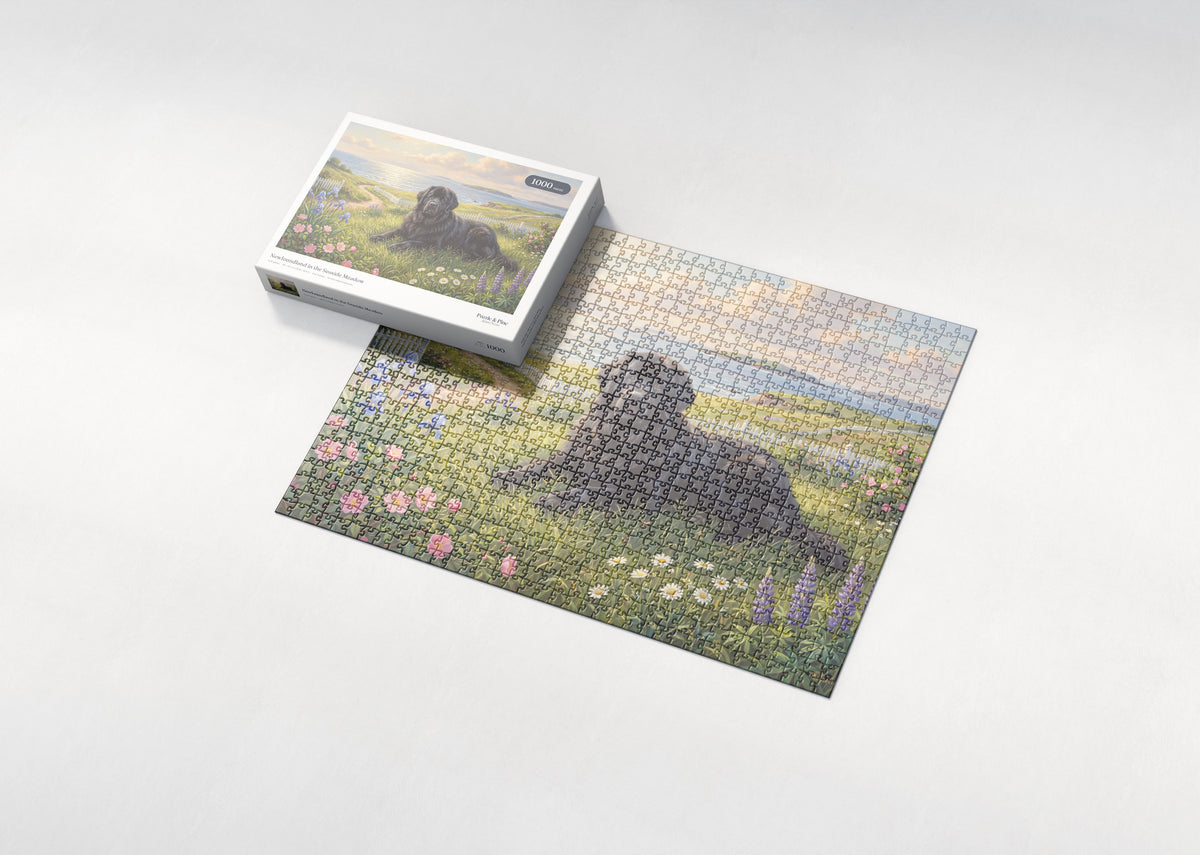 Newfoundland in the Seaside Meadow jigsaw puzzle - box and puzzle