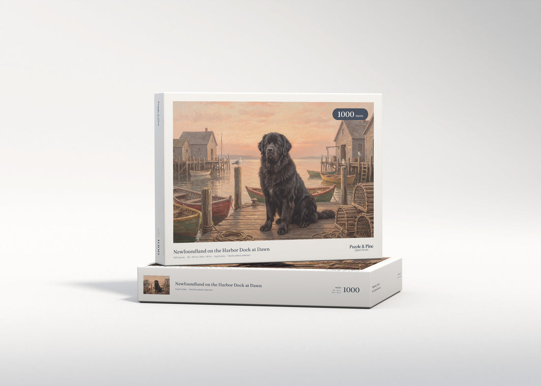 Newfoundland on the Harbor Dock at Dawn jigsaw puzzle - gift box