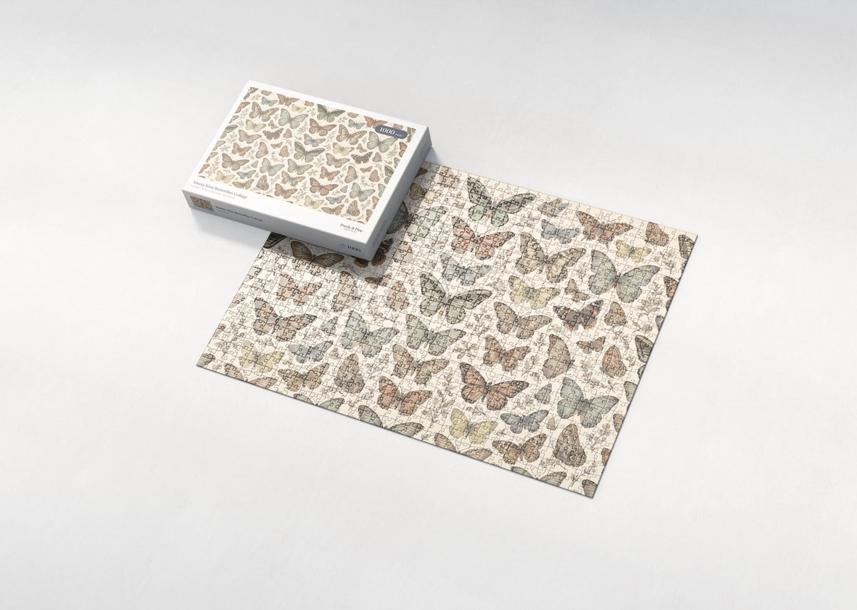 Ninety Nine Butterflies Collage jigsaw puzzle - box and puzzle