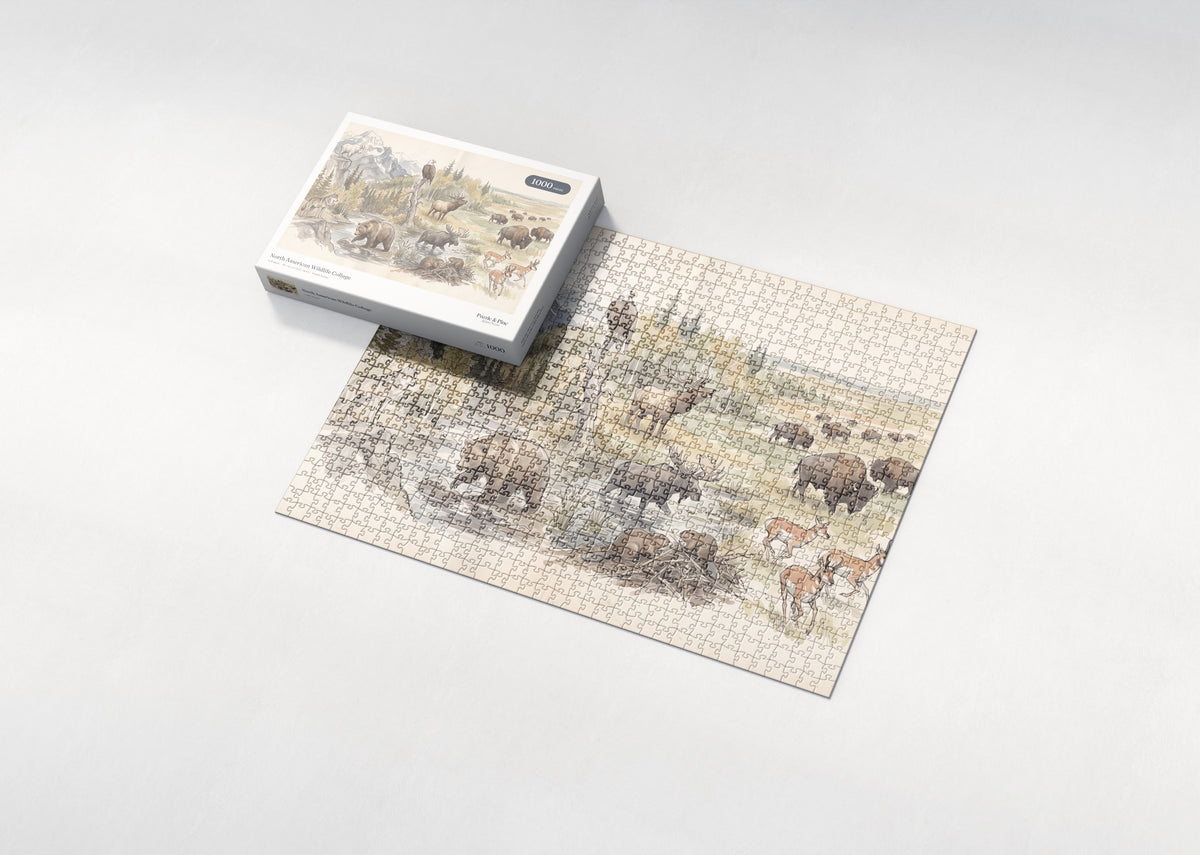 North American Wildlife Collage jigsaw puzzle - box and puzzle