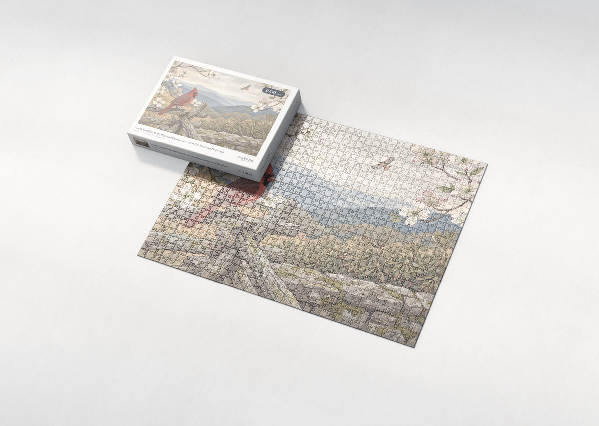 North Carolina State Bird and Flower: Northern Cardinal and Dogwood jigsaw puzzle - box and puzzle