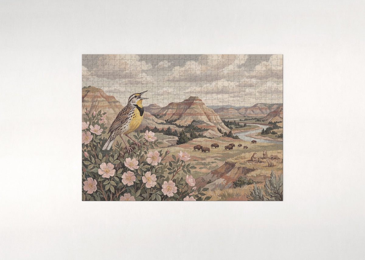 North Dakota State Bird and Flower: Western Meadowlark and Wild Prairie Rose jigsaw puzzle - flat puzzle