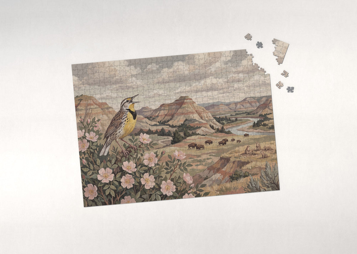 North Dakota State Bird and Flower: Western Meadowlark and Wild Prairie Rose jigsaw puzzle - puzzle with loose pieces