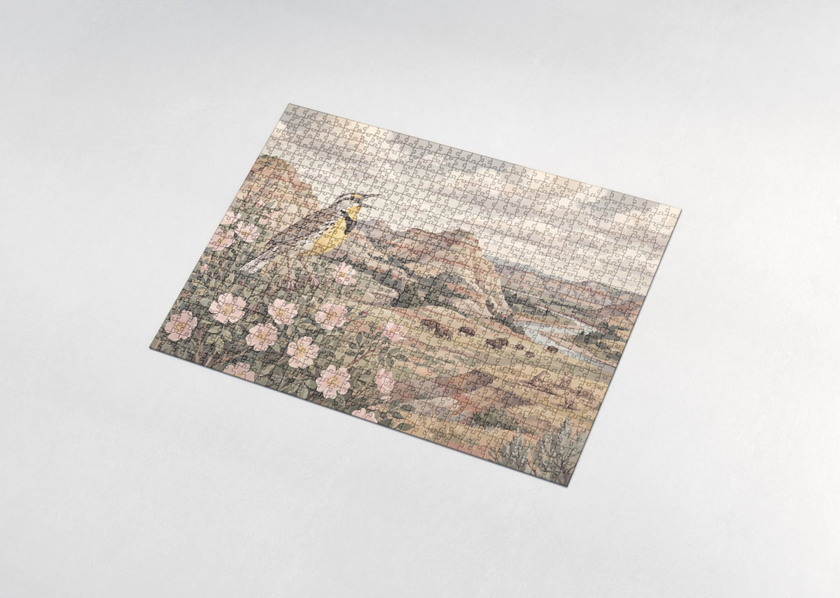 North Dakota State Bird and Flower: Western Meadowlark and Wild Prairie Rose jigsaw puzzle - assembled puzzle