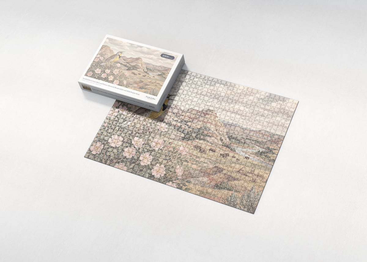North Dakota State Bird and Flower: Western Meadowlark and Wild Prairie Rose jigsaw puzzle - box and puzzle