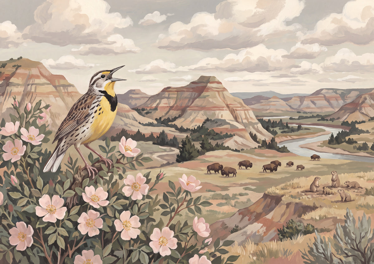 North Dakota State Bird and Flower: Western Meadowlark and Wild Prairie Rose jigsaw puzzle