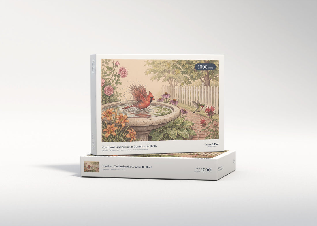 Northern Cardinal at the Summer Birdbath jigsaw puzzle - gift box