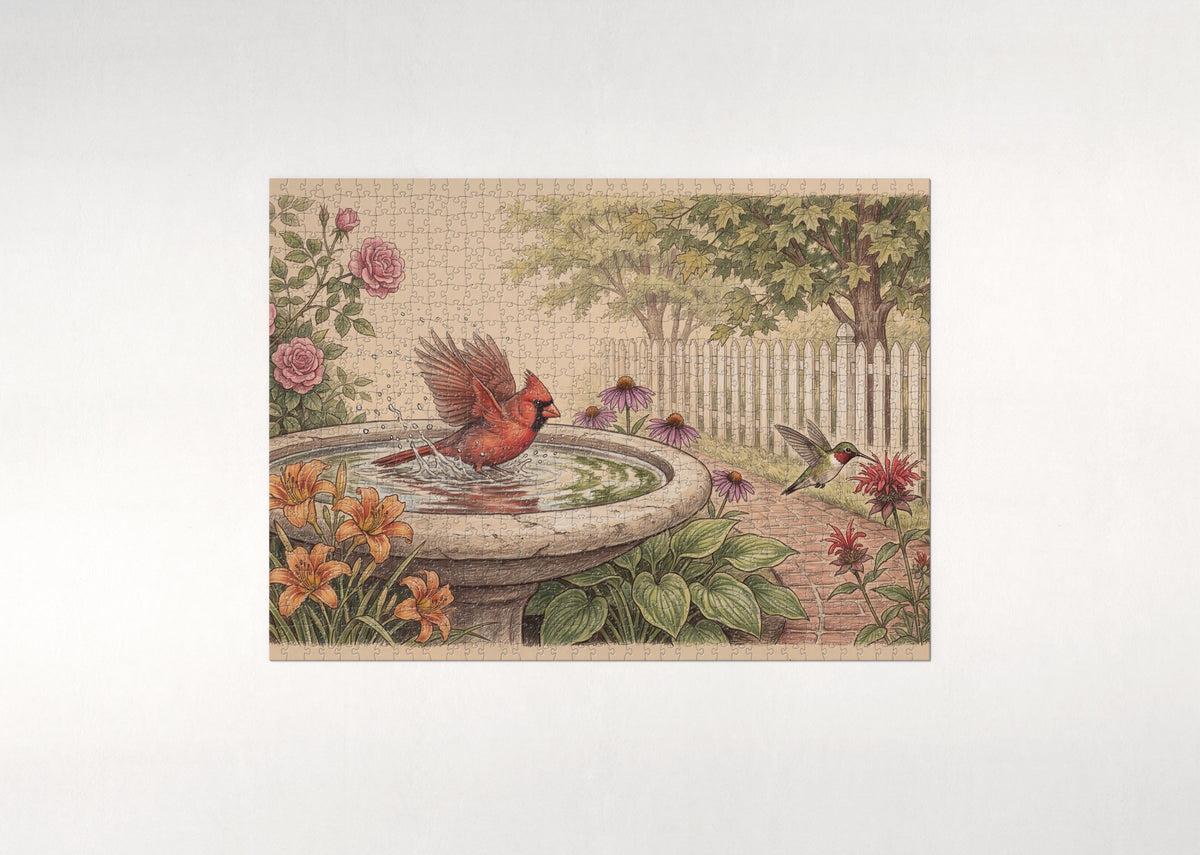 Northern Cardinal at the Summer Birdbath jigsaw puzzle - flat puzzle