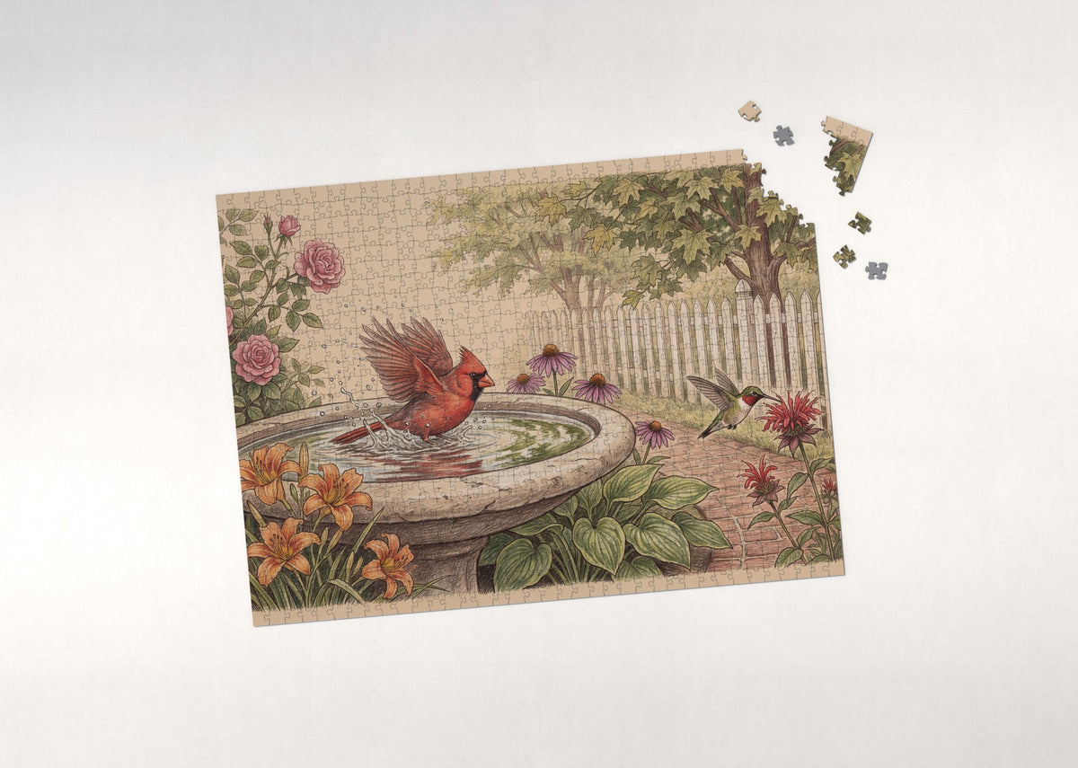 Northern Cardinal at the Summer Birdbath jigsaw puzzle - puzzle with loose pieces