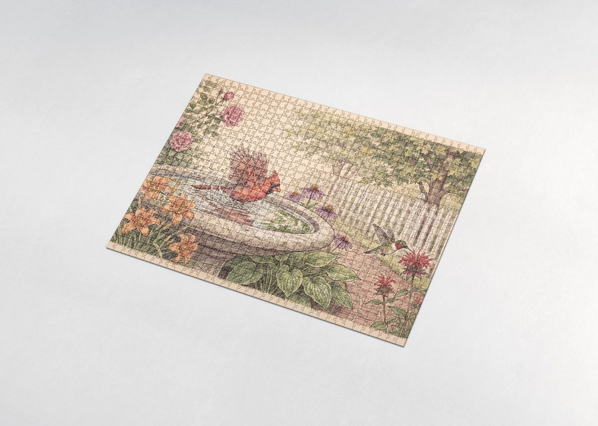 Northern Cardinal at the Summer Birdbath jigsaw puzzle - assembled puzzle