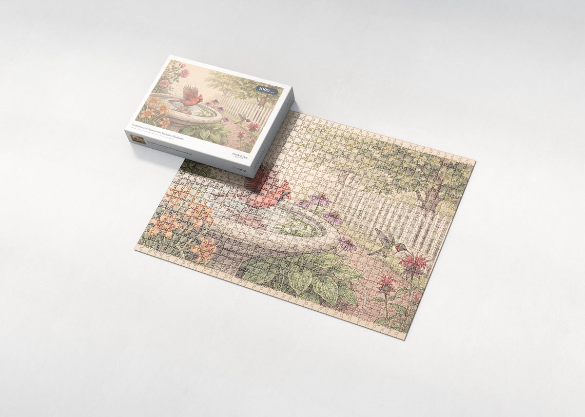 Northern Cardinal at the Summer Birdbath jigsaw puzzle - box and puzzle
