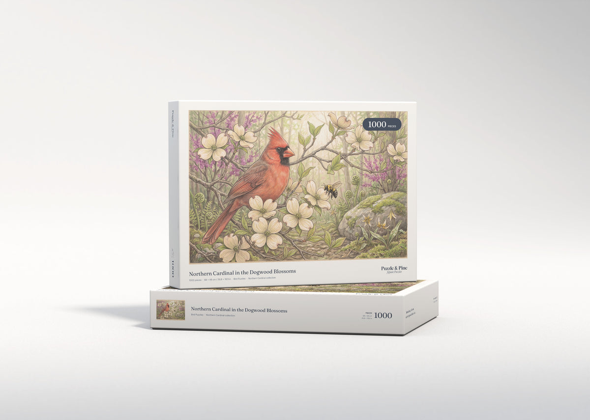 Northern Cardinal in the Dogwood Blossoms jigsaw puzzle - gift box
