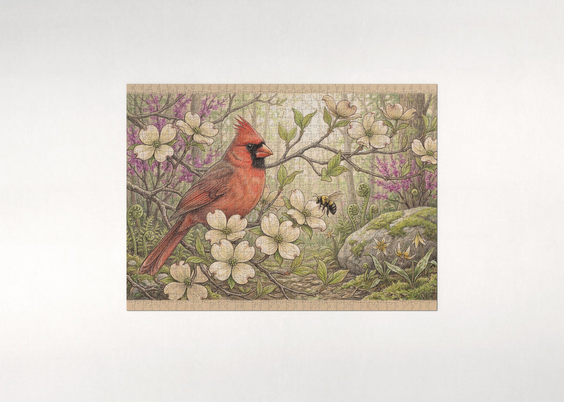 Northern Cardinal in the Dogwood Blossoms jigsaw puzzle - gift box