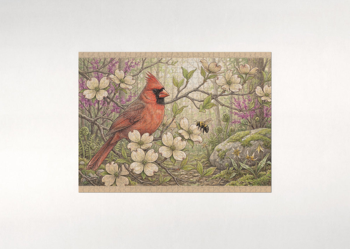 Northern Cardinal in the Dogwood Blossoms jigsaw puzzle - flat puzzle