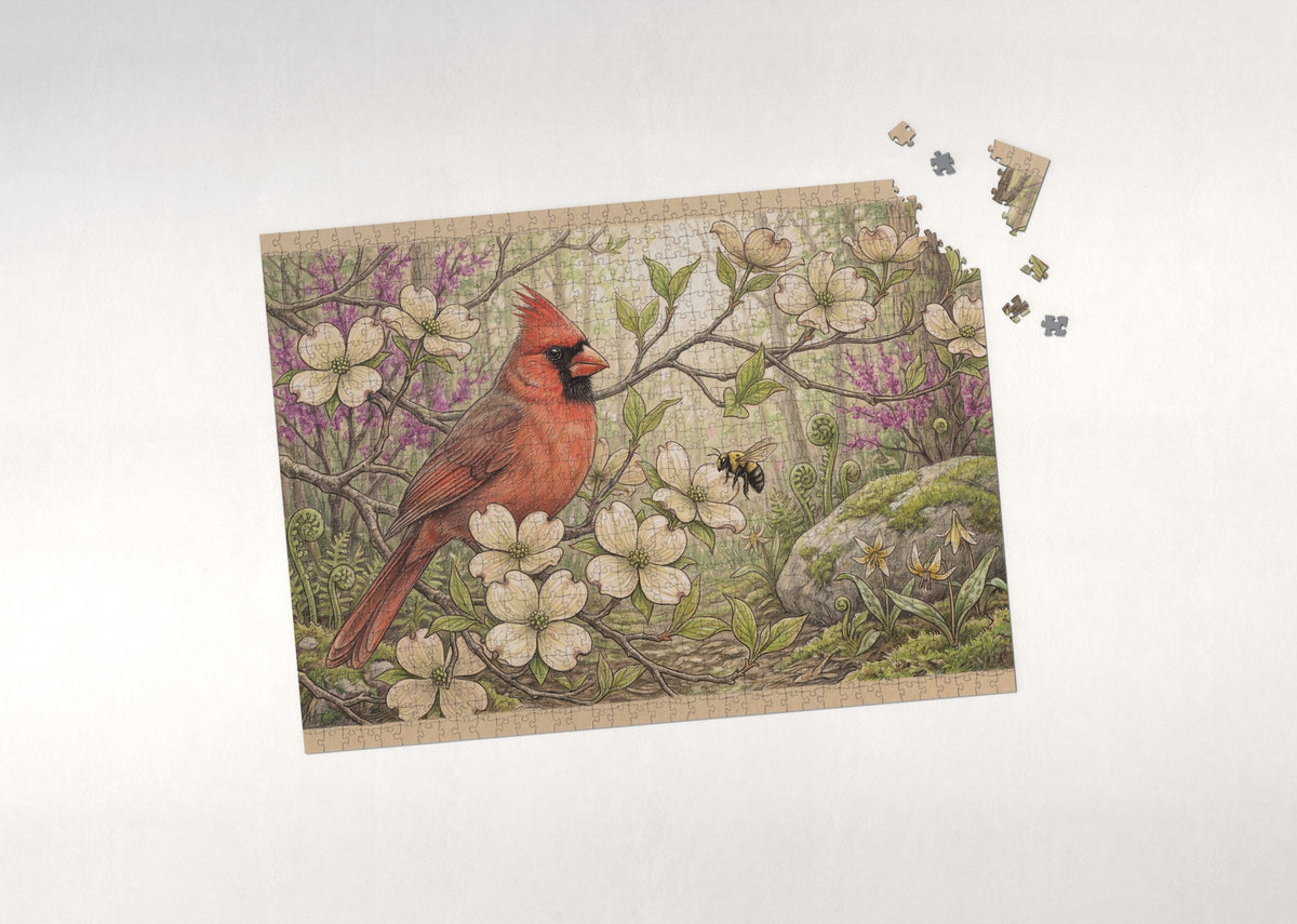 Northern Cardinal in the Dogwood Blossoms jigsaw puzzle - puzzle with loose pieces