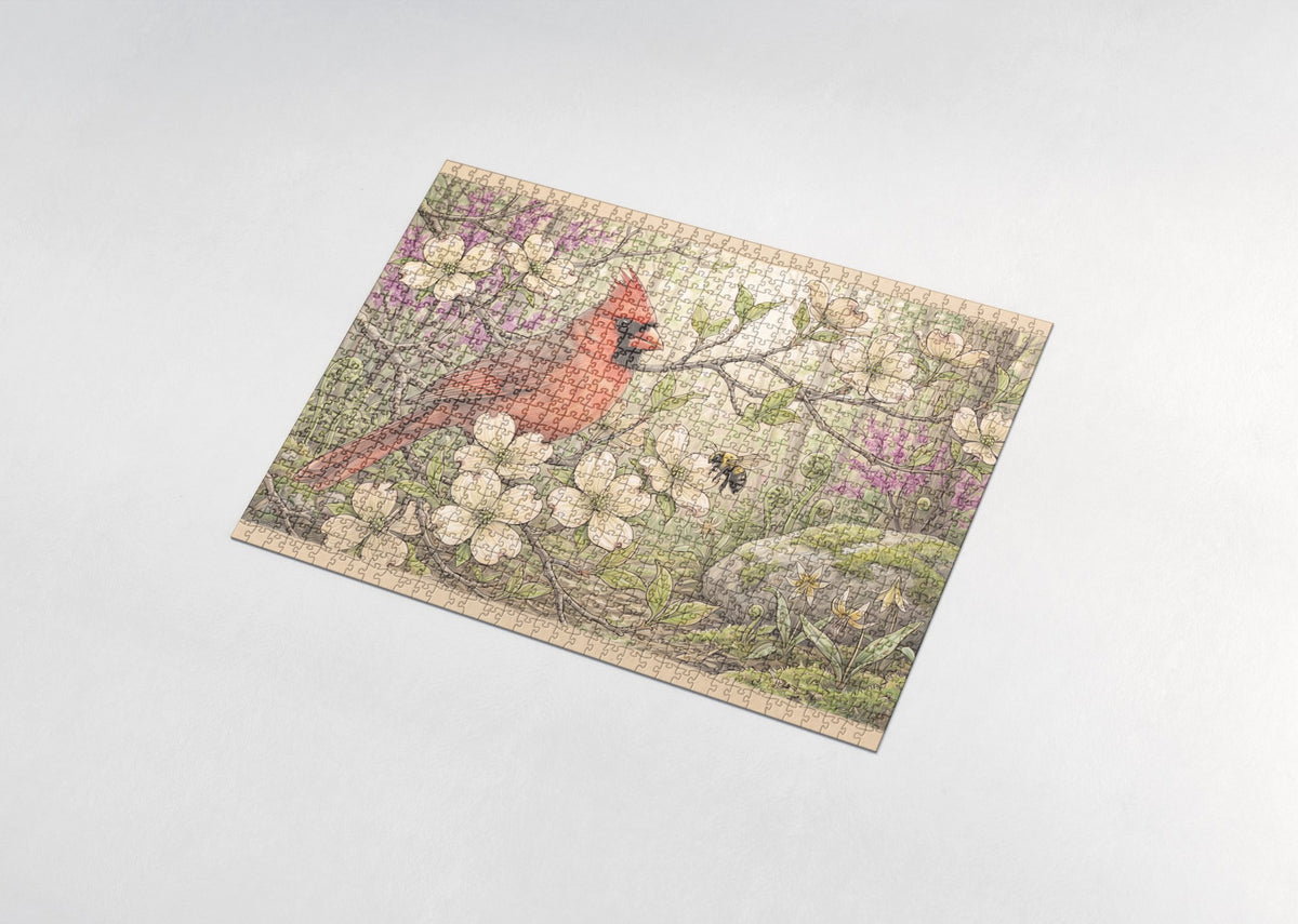 Northern Cardinal in the Dogwood Blossoms jigsaw puzzle - assembled puzzle