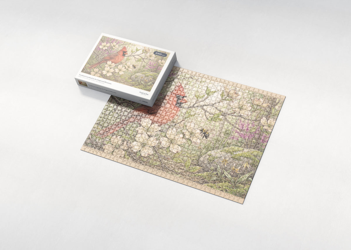 Northern Cardinal in the Dogwood Blossoms jigsaw puzzle - box and puzzle