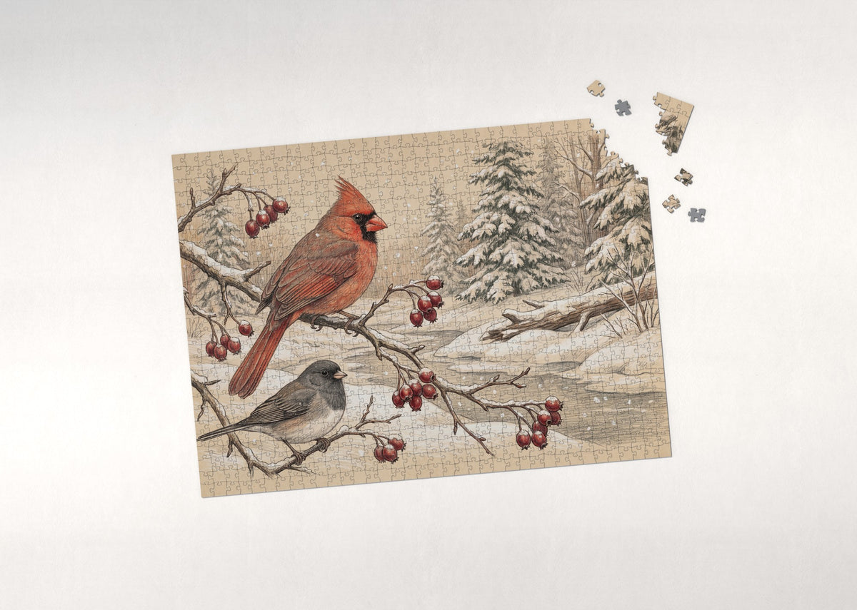 Northern Cardinal on the Snowy Branch jigsaw puzzle - puzzle with loose pieces