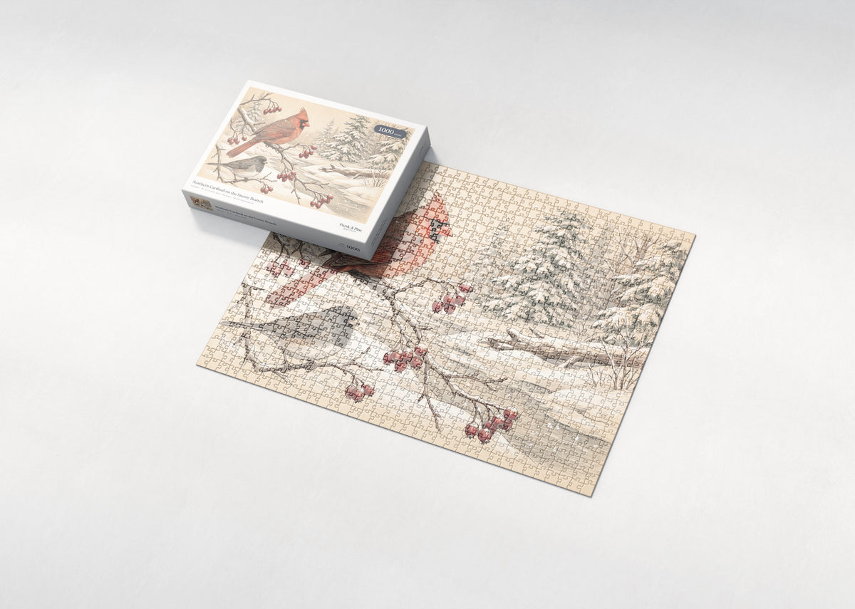 Northern Cardinal on the Snowy Branch jigsaw puzzle - box and puzzle