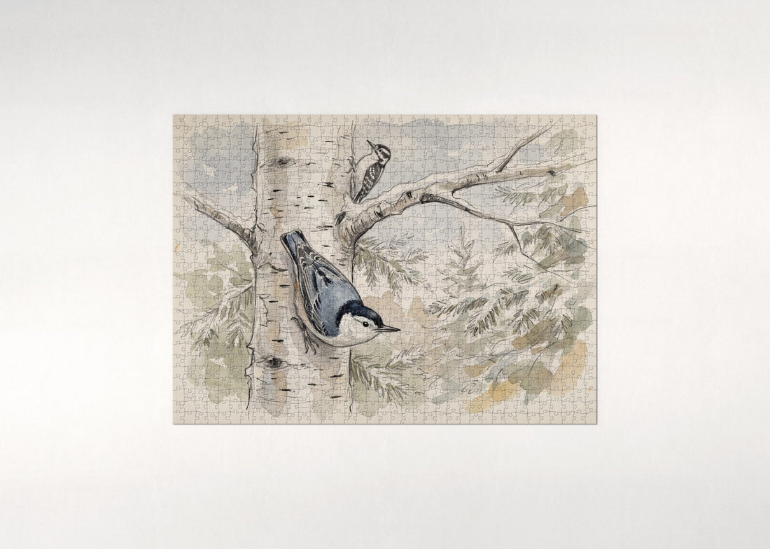 Nuthatch on the Winter Birch jigsaw puzzle - gift box