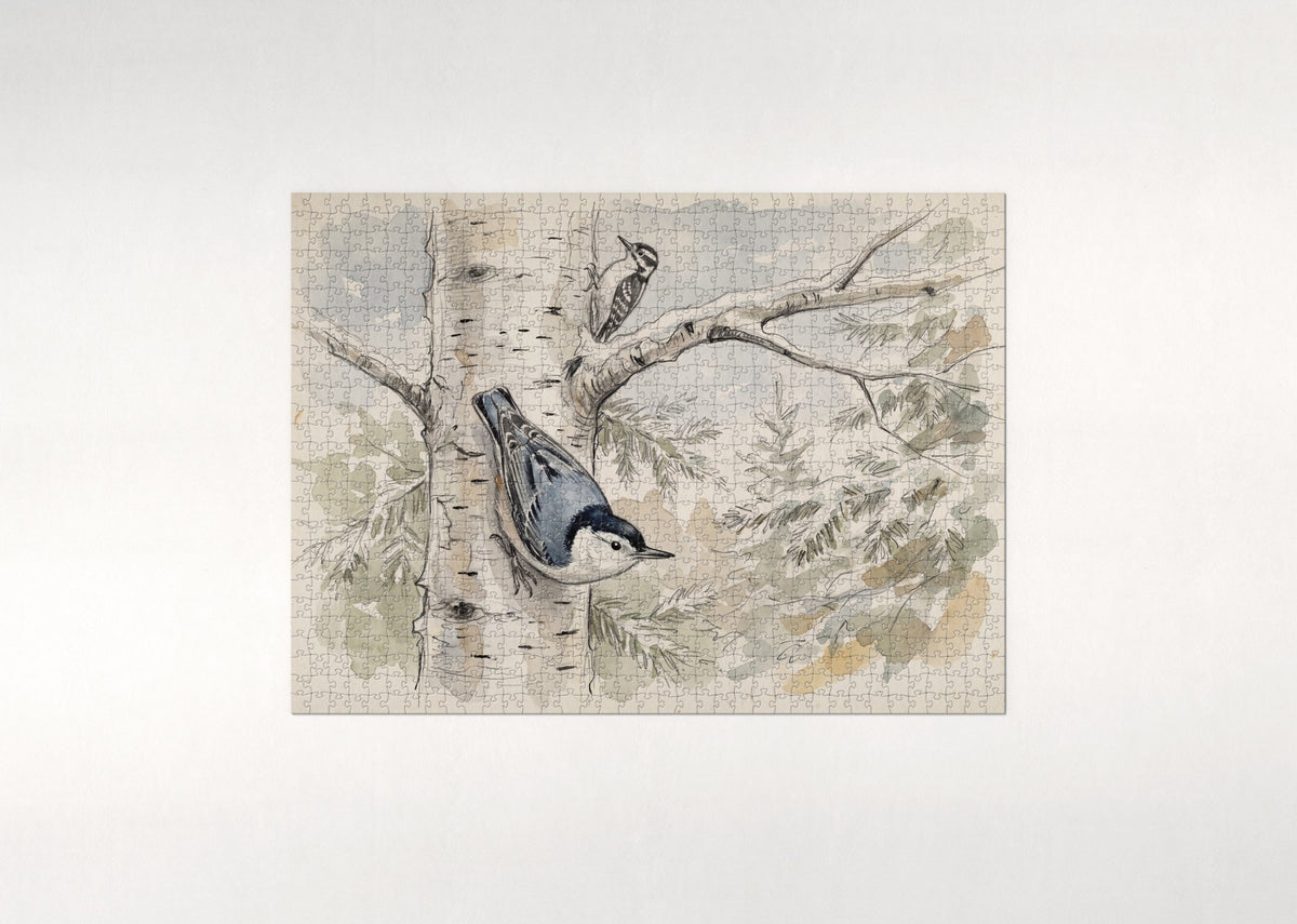 Nuthatch on the Winter Birch jigsaw puzzle - flat puzzle
