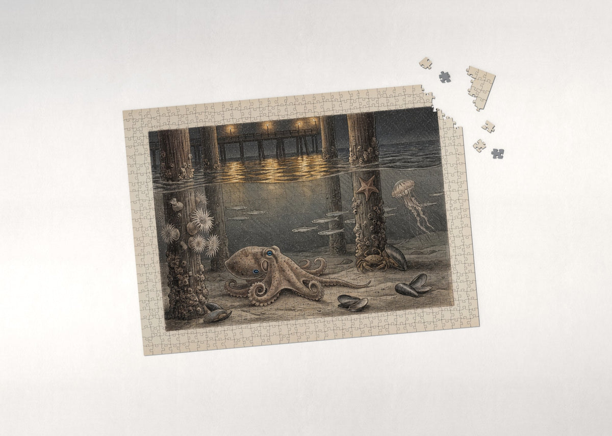 Octopus at Night Under the Pier Lights jigsaw puzzle - puzzle with loose pieces