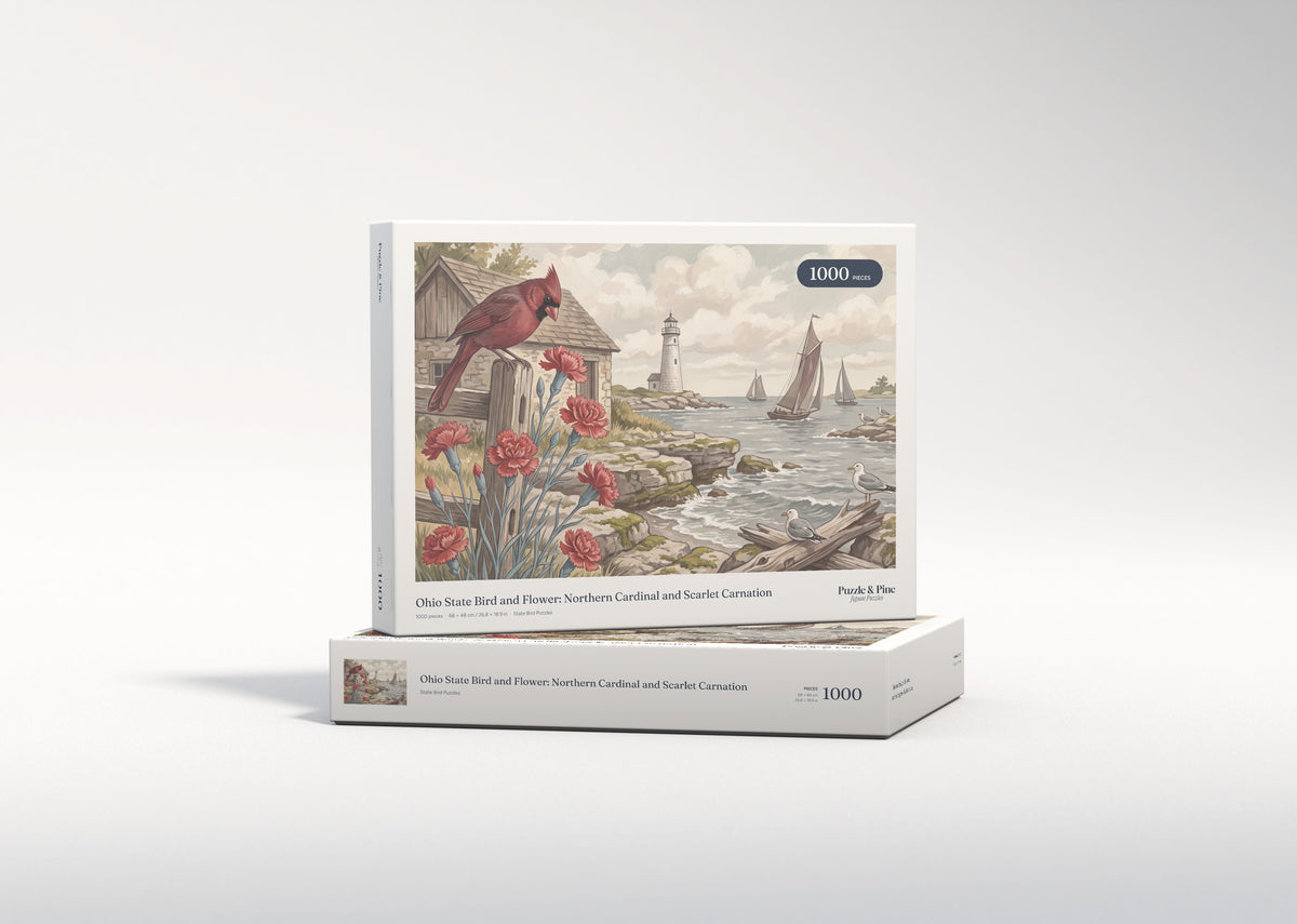 Ohio State Bird and Flower: Northern Cardinal and Scarlet Carnation jigsaw puzzle - gift box