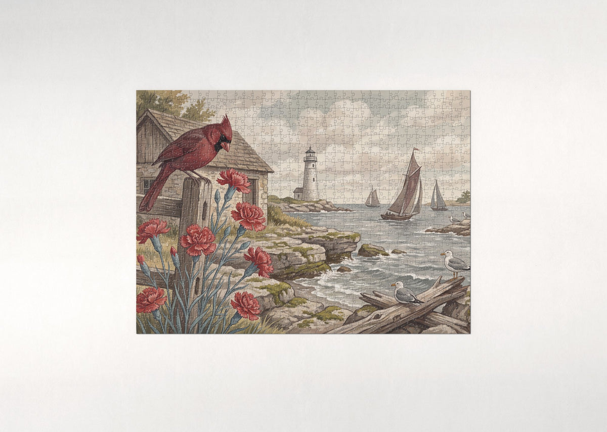 Ohio State Bird and Flower: Northern Cardinal and Scarlet Carnation jigsaw puzzle - flat puzzle