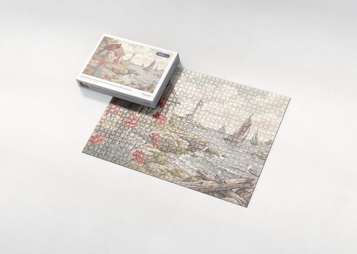 Ohio State Bird and Flower: Northern Cardinal and Scarlet Carnation jigsaw puzzle - box and puzzle