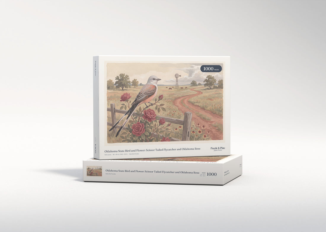 Oklahoma State Bird and Flower: Scissor Tailed Flycatcher and Oklahoma Rose jigsaw puzzle - gift box