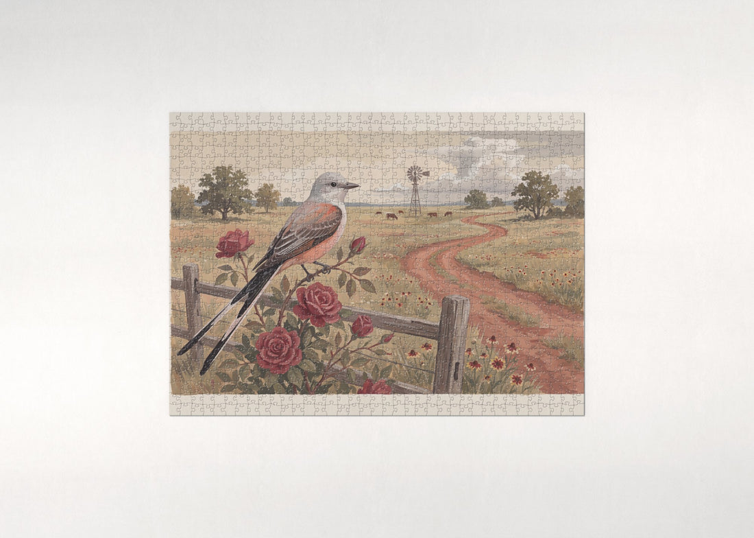 Oklahoma State Bird and Flower: Scissor Tailed Flycatcher and Oklahoma Rose jigsaw puzzle - gift box