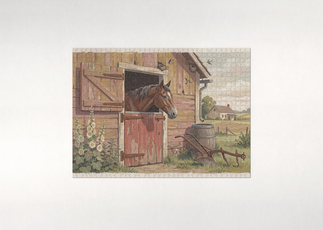 Old Horse at the Weathered Barn Door jigsaw puzzle - gift box