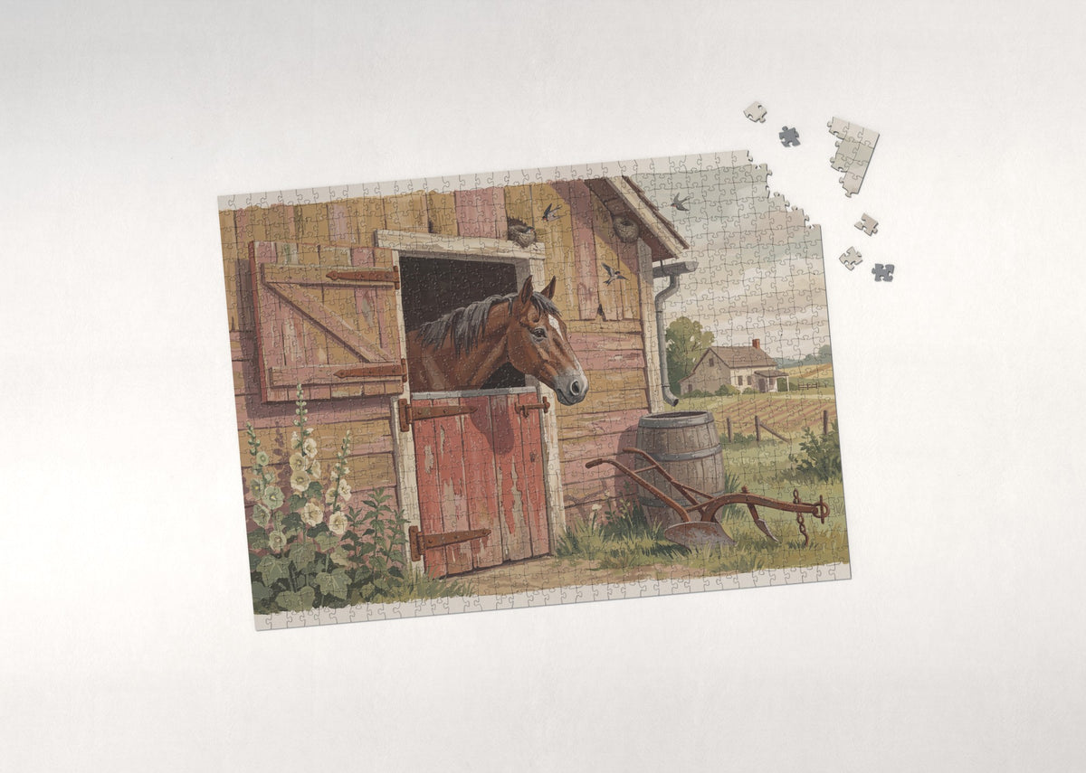 Old Horse at the Weathered Barn Door jigsaw puzzle - puzzle with loose pieces
