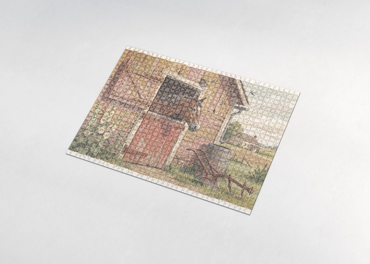 Old Horse at the Weathered Barn Door jigsaw puzzle - assembled puzzle