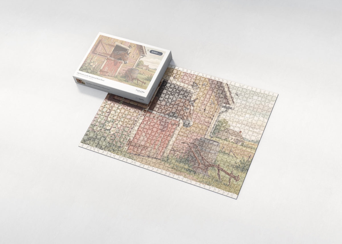 Old Horse at the Weathered Barn Door jigsaw puzzle - box and puzzle