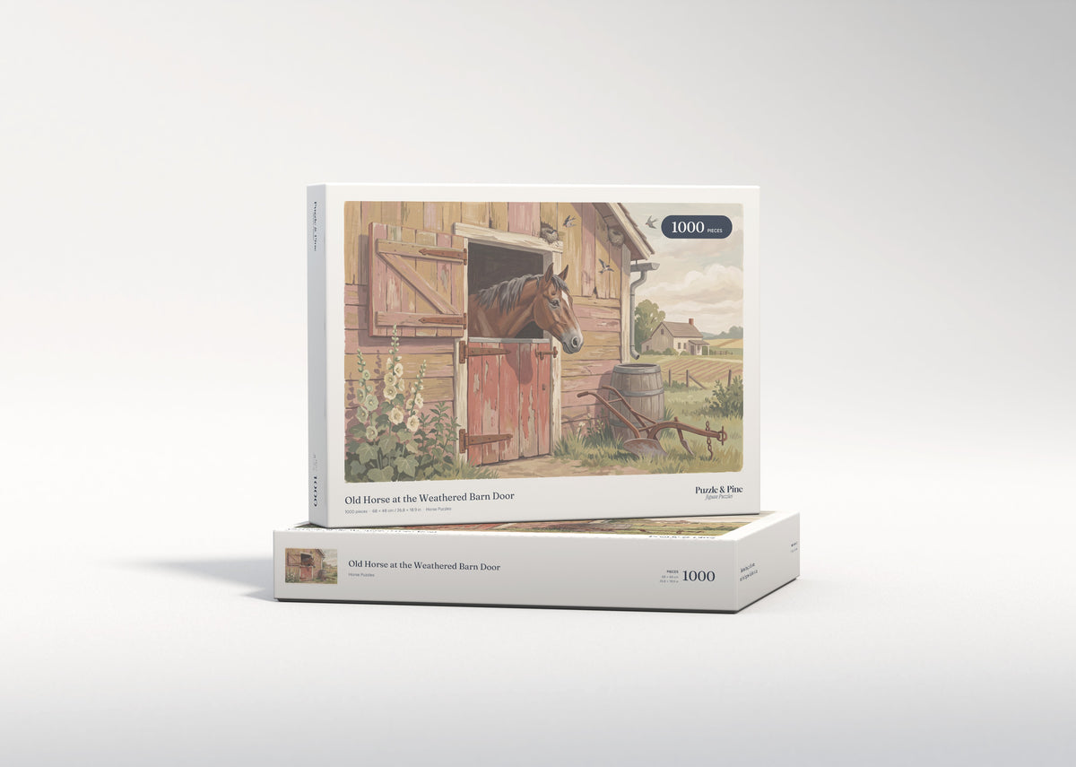 Old Horse at the Weathered Barn Door jigsaw puzzle - gift box