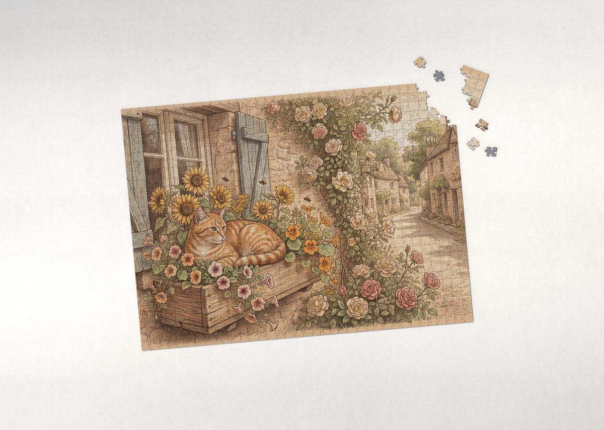 Orange Tabby In the Sunflower Windowbox jigsaw puzzle - puzzle with loose pieces